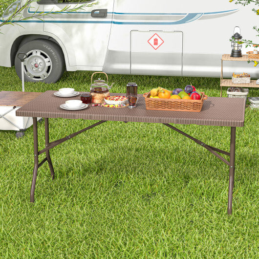 5FT Folding Picnic Table with Rattan Grain HDPE Tabletop and Sturdy Metal Fame-Coffee LuxuryLifeWay Online Store
