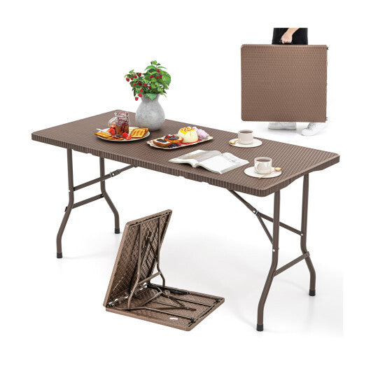5FT Folding Picnic Table with Rattan Grain HDPE Tabletop and Sturdy Metal Fame-Coffee LuxuryLifeWay Online Store