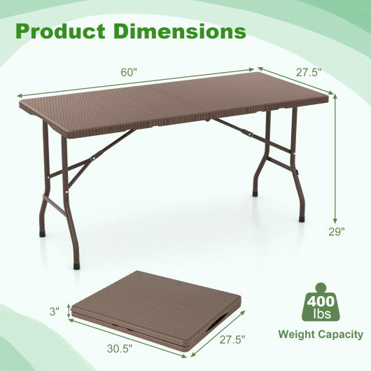 5FT Folding Picnic Table with Rattan Grain HDPE Tabletop and Sturdy Metal Fame-Coffee LuxuryLifeWay Online Store