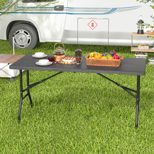 5FT Folding Picnic Table with Wood Grain HDPE Tabletop and  Non-slip Foot Pads-Black LuxuryLifeWay Online Store