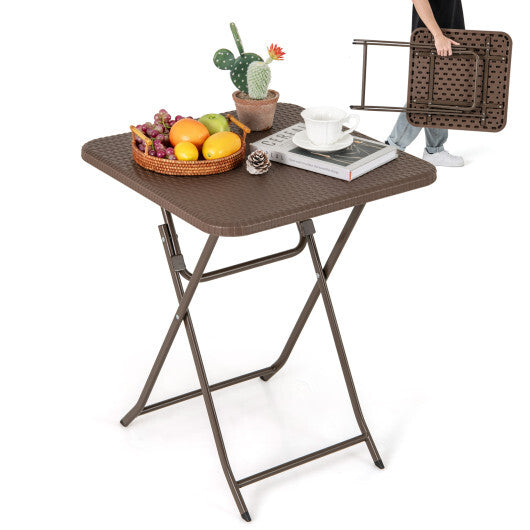 Folding Picnic Table with Rattan Grain HDPE Tabletop and Sturdy Metal Fame-Coffee LuxuryLifeWay Online Store