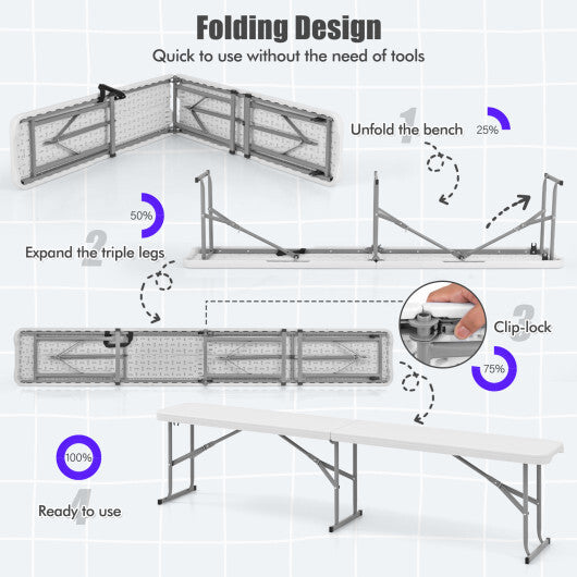 6 Feet Plastic Folding Bench Picnic Camping Dining Seat with Carrying Handle-White - Color: White - Size: 6 ft LuxuryLifeWay Online Store