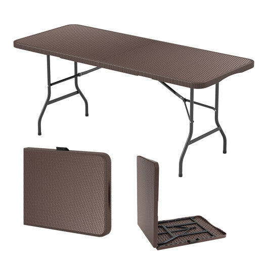 6 ft Portable Folding Table with Rattan-Like HDPE Tabletop and Safe Lock Mechanism-Brown LuxuryLifeWay Online Store