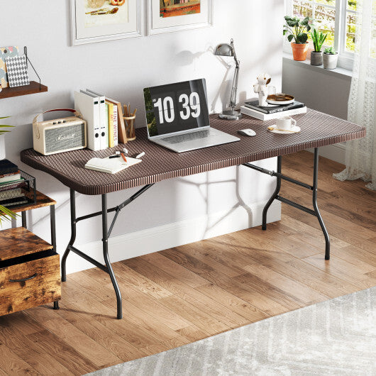 6 ft Portable Folding Table with Rattan-Like HDPE Tabletop and Safe Lock Mechanism-Brown LuxuryLifeWay Online Store