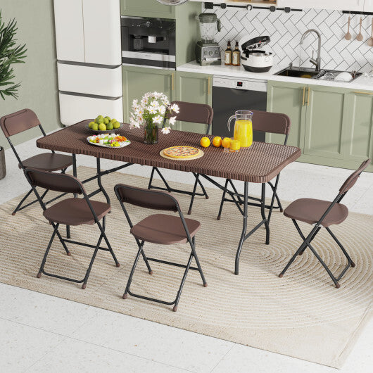 6 ft Portable Folding Table with Rattan-Like HDPE Tabletop and Safe Lock Mechanism-Brown LuxuryLifeWay Online Store
