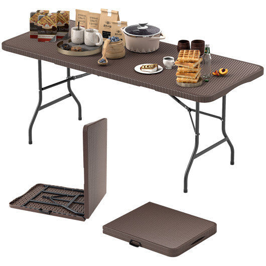 6 ft Portable Folding Table with Rattan-Like HDPE Tabletop and Safe Lock Mechanism-Brown LuxuryLifeWay Online Store