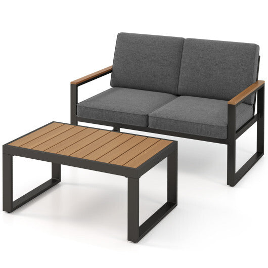 2 Piece Patio Aluminum Furniture Set with Wood-Plastic Armrests and Tabletop-Gray LuxuryLifeWay Online Store