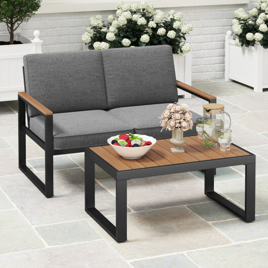 2 Piece Patio Aluminum Furniture Set with Wood-Plastic Armrests and Tabletop-Gray LuxuryLifeWay Online Store