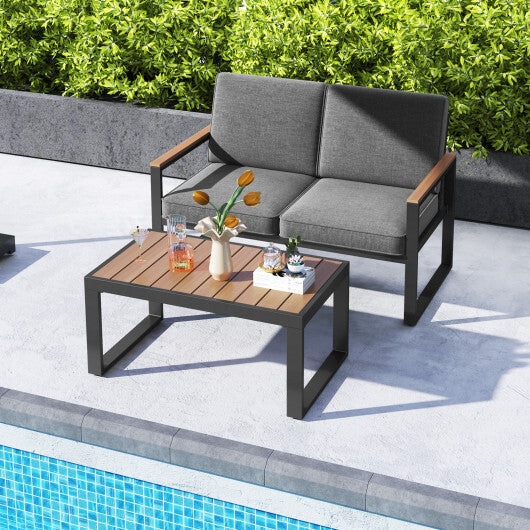 2 Piece Patio Aluminum Furniture Set with Wood-Plastic Armrests and Tabletop-Gray LuxuryLifeWay Online Store