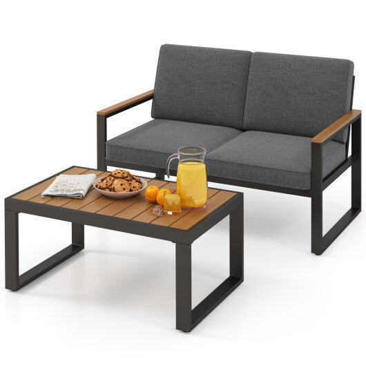 2 Piece Patio Aluminum Furniture Set with Wood-Plastic Armrests and Tabletop-Gray LuxuryLifeWay Online Store