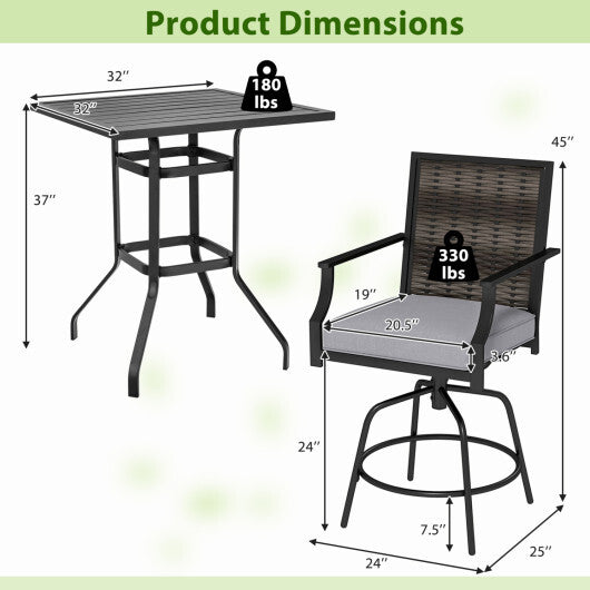 3 Pieces Outdoor Swivel Bar Set High Top Patio Bar Table and Rattan Wicker Chairs LuxuryLifeWay Online Store