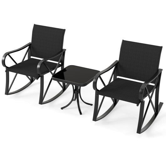 3 Piece Patio Rocking Set with Smooth Rocking Motion Outdoor Rocker Chair Bistro Set-Black LuxuryLifeWay Online Store