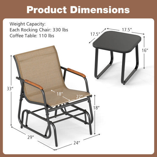 3-Piece Outdoor Glider Bistro Set with Tempered Glass Top and Metal Frame-Coffee LuxuryLifeWay Online Store