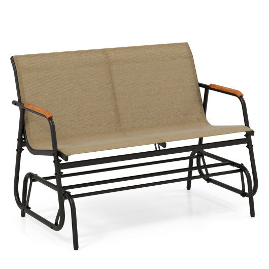 Patio Glider Bench with Curved Teak Armrests and Breathable Fabric Seat for 2 People-Brown LuxuryLifeWay Online Store