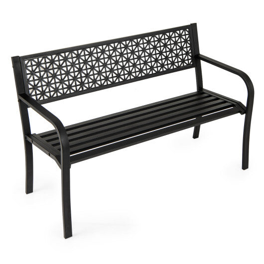 50 Inch Garden Bench with Patterned Backrest and Curved Armrests for 2-3 Person-Black LuxuryLifeWay Online Store