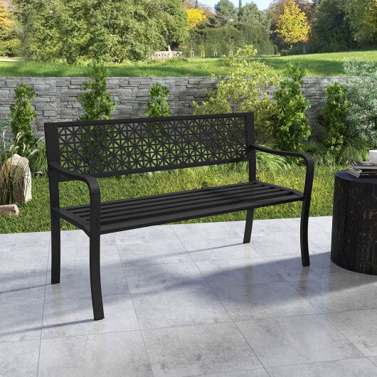 50 Inch Garden Bench with Patterned Backrest and Curved Armrests for 2-3 Person-Black LuxuryLifeWay Online Store