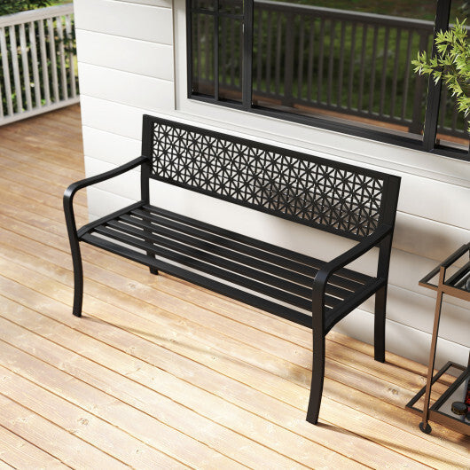 50 Inch Garden Bench with Patterned Backrest and Curved Armrests for 2-3 Person-Black LuxuryLifeWay Online Store