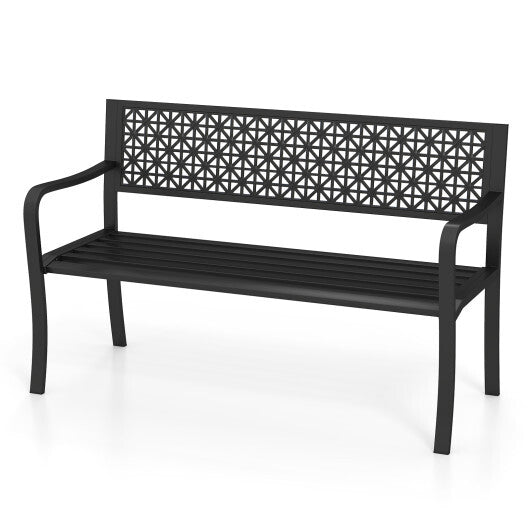 50 Inch Garden Bench with Patterned Backrest and Curved Armrests for 2-3 Person-Black LuxuryLifeWay Online Store