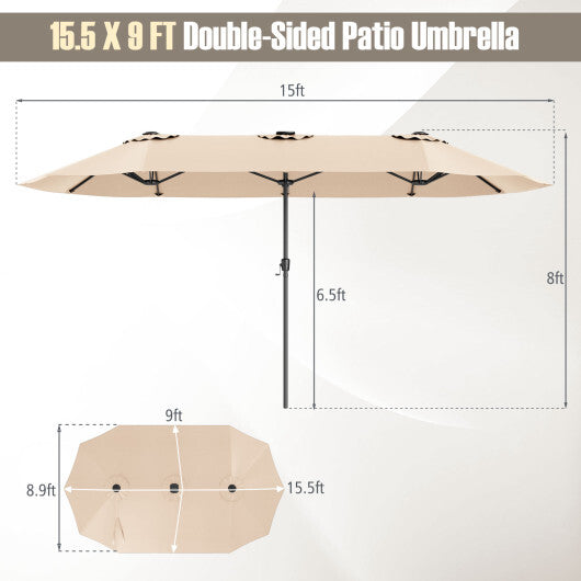 15.5 FT Extra-Large Patio Umbrella with LED Solar Lights and Crank Handle-Beige LuxuryLifeWay Online Store