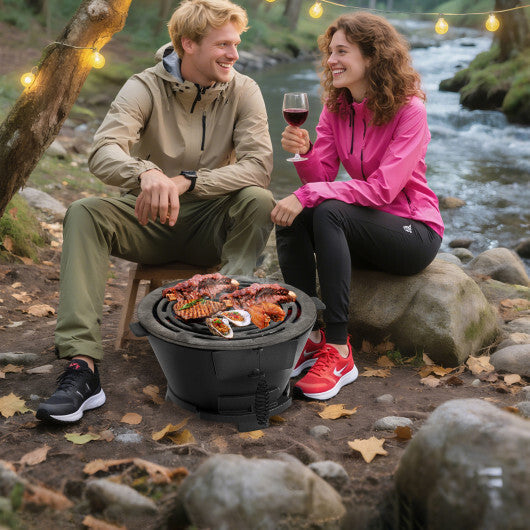 Round Hibachi Grill Outdoor Portable Charcoal Stove with 12 Inch Double-Sided Grate-Black LuxuryLifeWay Online Store