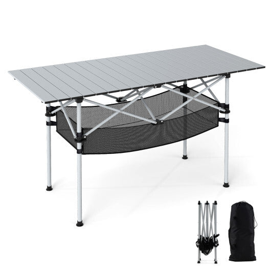 Patio Folding Camping Table with Roll-up Tabletop and Mesh Basket-Silver - Color: Silver LuxuryLifeWay Online Store