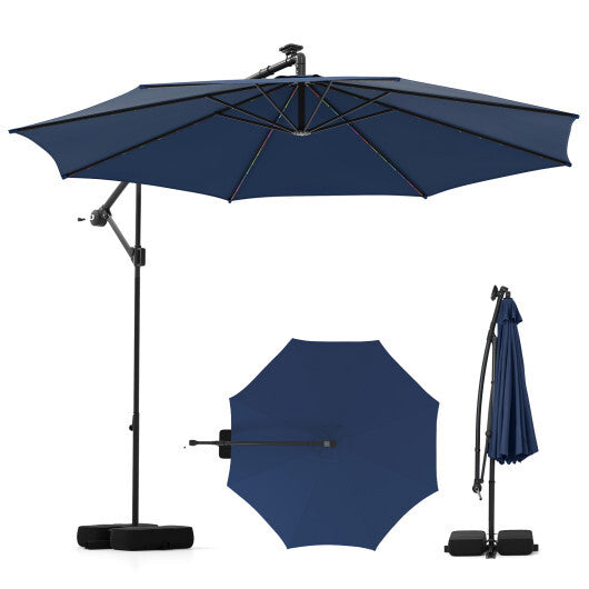 10 Feet Solar Offset Hanging Umbrella with Base and LED Lights-Turquoise LuxuryLifeWay Online Store