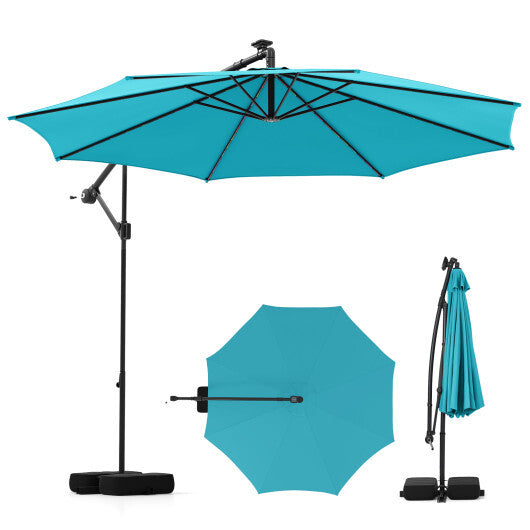 10 Feet Solar Offset Hanging Umbrella with Base and LED Lights-Turquoise LuxuryLifeWay Online Store