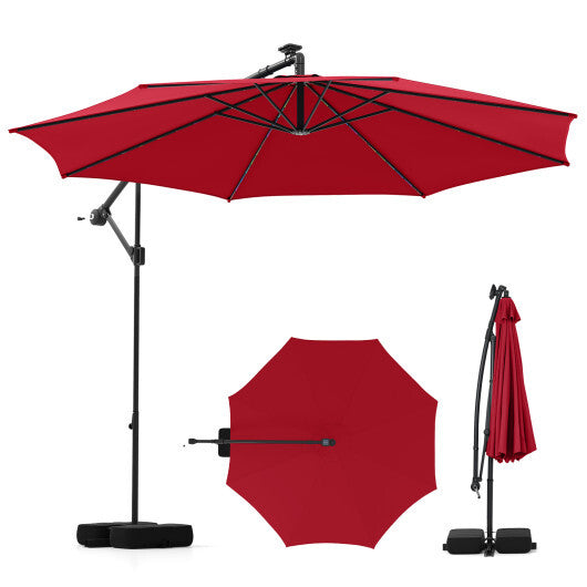 10 Feet Solar Offset Hanging Umbrella with Base and LED Lights-Turquoise LuxuryLifeWay Online Store