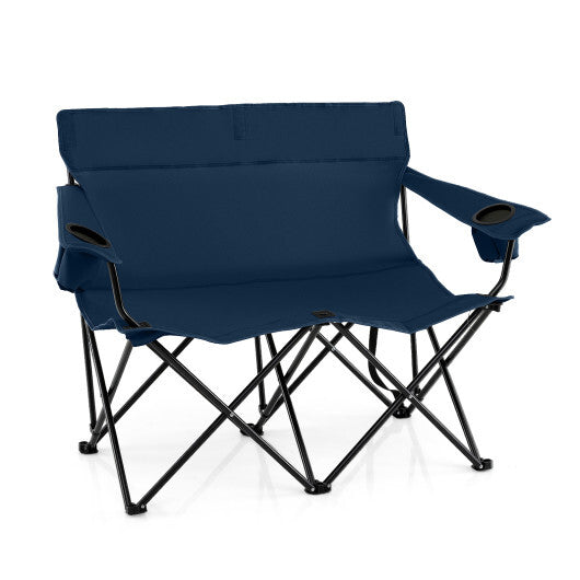 Double Camping Chair 2-Person Outdoor Folding Loveseat with Cup Holders-Blue - Color: Blue LuxuryLifeWay Online Store