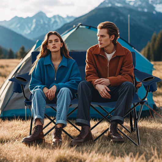 Double Camping Chair 2-Person Outdoor Folding Loveseat with Cup Holders-Blue - Color: Blue LuxuryLifeWay Online Store