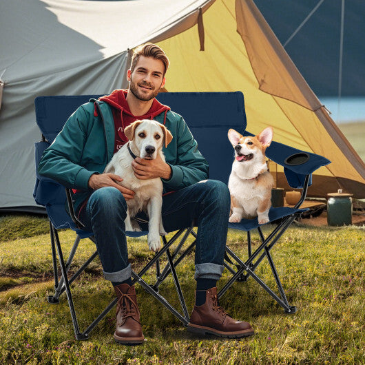 Double Camping Chair 2-Person Outdoor Folding Loveseat with Cup Holders-Blue - Color: Blue LuxuryLifeWay Online Store
