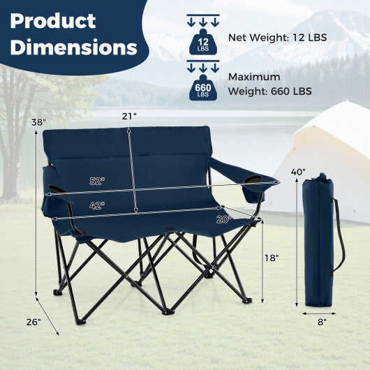 Double Camping Chair 2-Person Outdoor Folding Loveseat with Cup Holders-Blue - Color: Blue LuxuryLifeWay Online Store