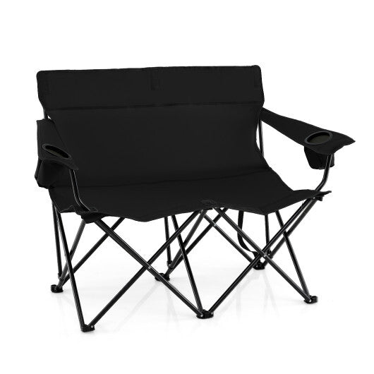 Double Camping Chair 2-Person Outdoor Folding Loveseat with Cup Holders-Blue