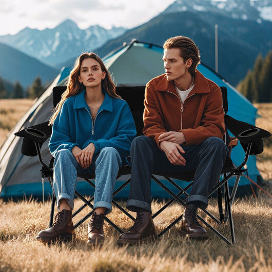 Double Camping Chair 2-Person Outdoor Folding Loveseat with Cup Holders-Blue