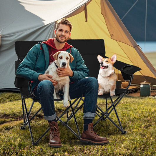 Double Camping Chair 2-Person Outdoor Folding Loveseat with Cup Holders-Blue