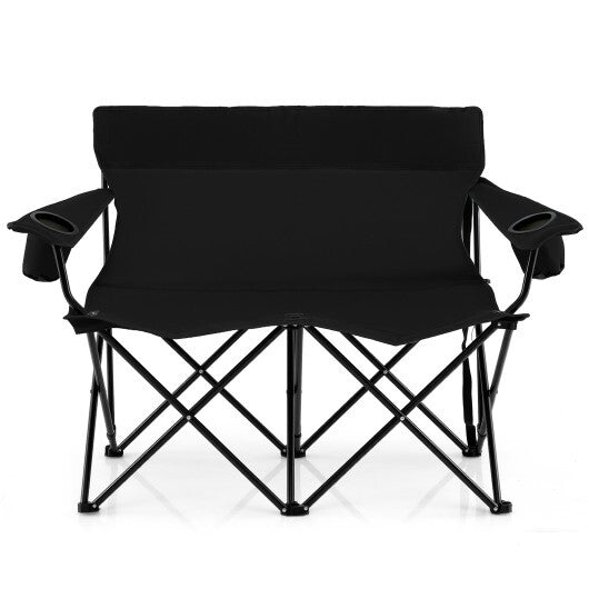 Double Camping Chair 2-Person Outdoor Folding Loveseat with Cup Holders-Blue