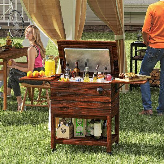 54 Quart Wooden Cooler Cart for Patio Rolling Ice Chest with Shelves-Brown LuxuryLifeWay Online Store