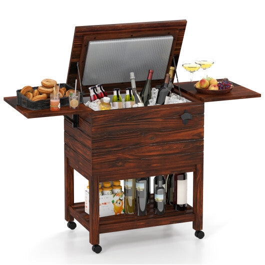 54 Quart Wooden Cooler Cart for Patio Rolling Ice Chest with Shelves-Brown LuxuryLifeWay Online Store