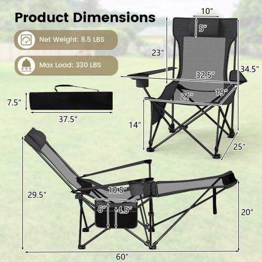 Reclining Camping Chair with Removable Footrest and Adjustable Backrest-Gray LuxuryLifeWay Online Store