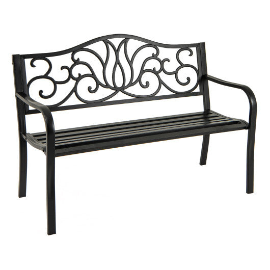 50 Inches Outdoor Garden Bench with Floral Design Backrest and Slatted Seat-Black LuxuryLifeWay Online Store