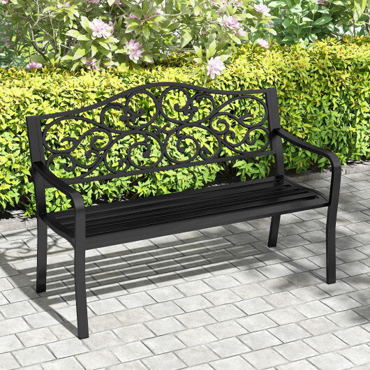 50 Inches Outdoor Garden Bench with Floral Design Backrest and Slatted Seat-Black LuxuryLifeWay Online Store
