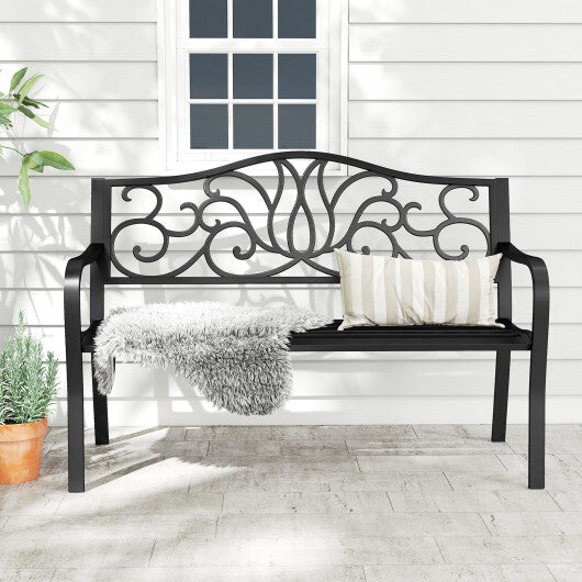 50 Inches Outdoor Garden Bench with Floral Design Backrest and Slatted Seat-Black LuxuryLifeWay Online Store