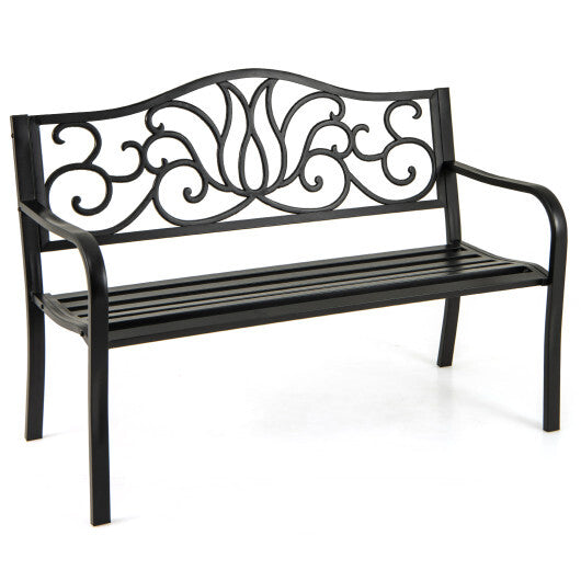 50 Inches Outdoor Garden Bench with Floral Design Backrest and Slatted Seat-Black LuxuryLifeWay Online Store