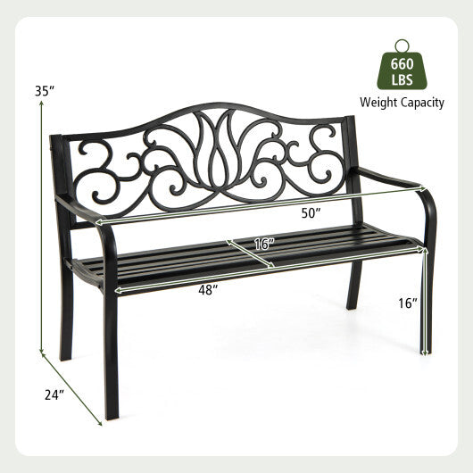 50 Inches Outdoor Garden Bench with Floral Design Backrest and Slatted Seat-Black LuxuryLifeWay Online Store