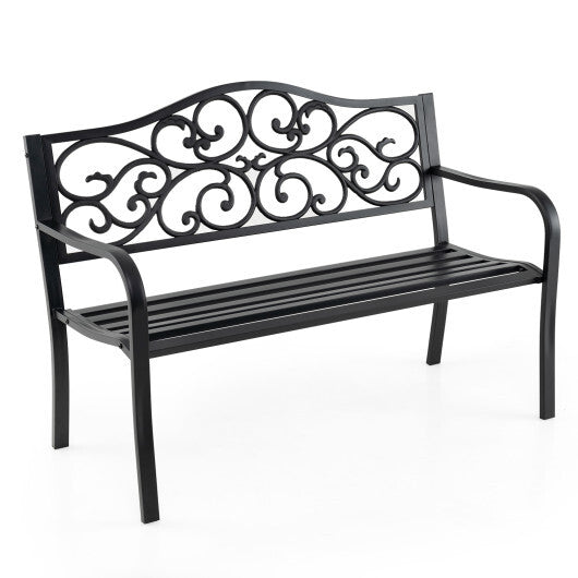 50 Inches Outdoor Cast Iron Metal Patio Bench with Floral Design Backrest and Slatted Seat-Black LuxuryLifeWay Online Store