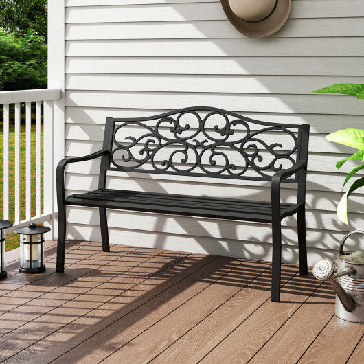 50 Inches Outdoor Cast Iron Metal Patio Bench with Floral Design Backrest and Slatted Seat-Black LuxuryLifeWay Online Store