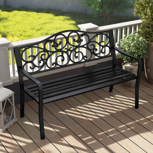 50 Inches Outdoor Cast Iron Metal Patio Bench with Floral Design Backrest and Slatted Seat-Black LuxuryLifeWay Online Store