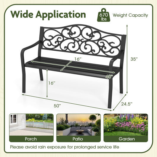 50 Inches Outdoor Cast Iron Metal Patio Bench with Floral Design Backrest and Slatted Seat-Black LuxuryLifeWay Online Store