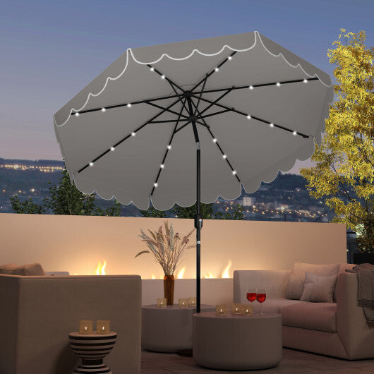 9.3 FT Solar Patio Umbrella with 24 LED Lights Vented Top and Ruffles-Gray LuxuryLifeWay Online Store
