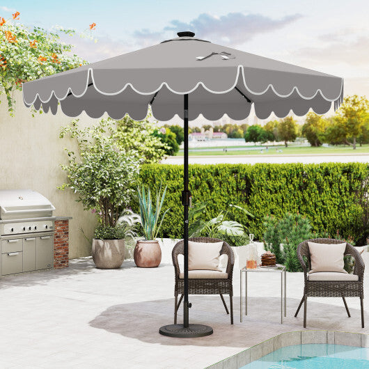 9.3 FT Solar Patio Umbrella with 24 LED Lights Vented Top and Ruffles-Gray LuxuryLifeWay Online Store